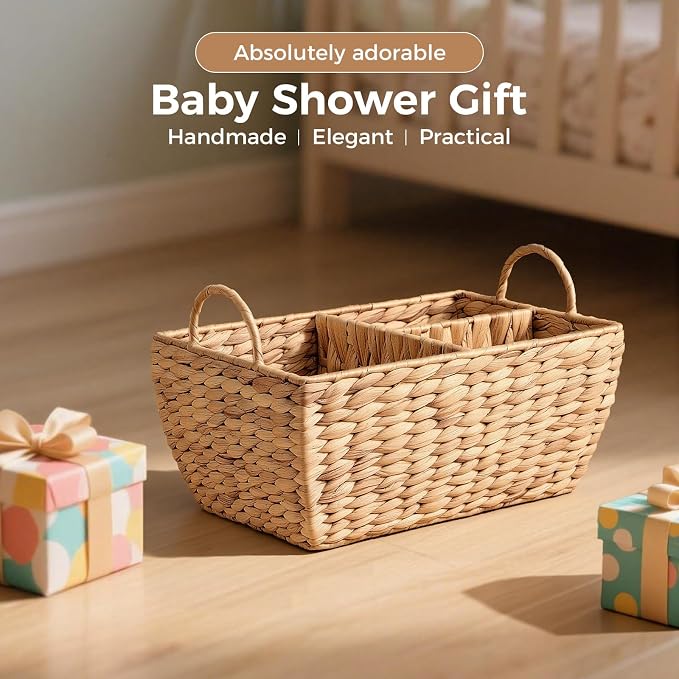 Baby Diaper Caddy Organizer, Handwoven Nursery Basket Changing Table Organizer Natural Water Hyacinth Storage Basket for Nursery Bathroom Kitchen Shelves Office Supplies Organization (Natural, XL) - Image 7