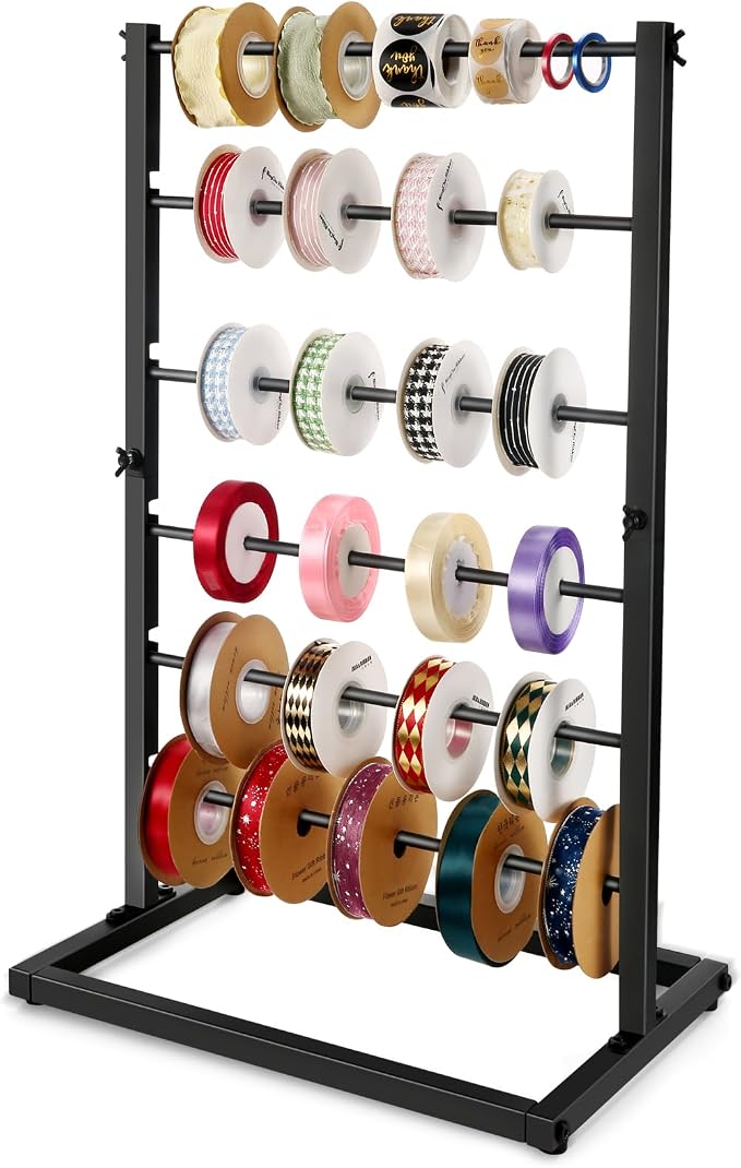Aulin 6 Tier Large Capacity Ribbon Storage Organizer Rack (Black) | Metal Ribbon Spool Holder：It comes with six standard-thickness rods and three thinner rods. by Aulin
