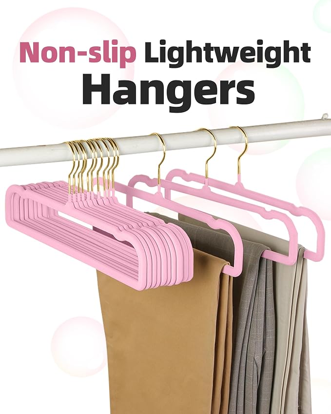 Felt Hangers Pink Velvet Hangers, Cute Pants Hanger, 20 Pack Chic Hangers | 360° Rotatable Golden Hanger for Jean Slack Closet, Anti-Slip Lightweight Padded Slim Space Saving Flocked Trouser Hangar - Image 2