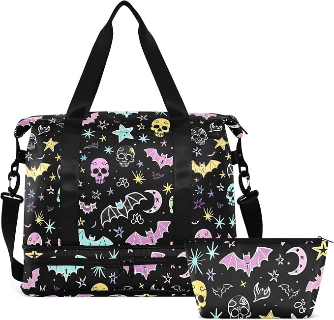 Travel Duffel Tote Bag Gothic Bat Skull Moon Sports Duffel Bag with Wet Pocket Weekender Overnight Bag for Women Men Gym Bag, Carry On Bag Hospital Bag for Labor and Delivery by MNSRUU