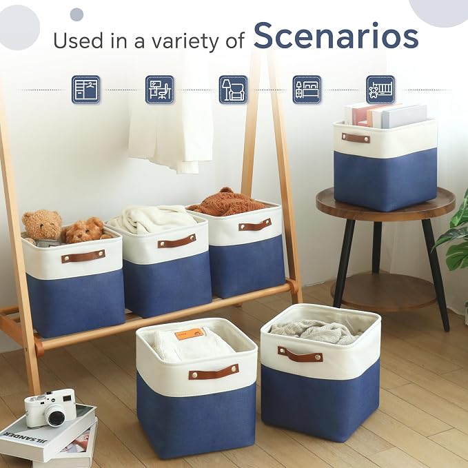 FinishingBo 11 inch Cube Storage Bin 6 Pack, Cube Organizer Bins | Fabric Storage Bins With Handles, 11x11 Storage Cubes, Shelf Basket, White/ Blue - Image 7