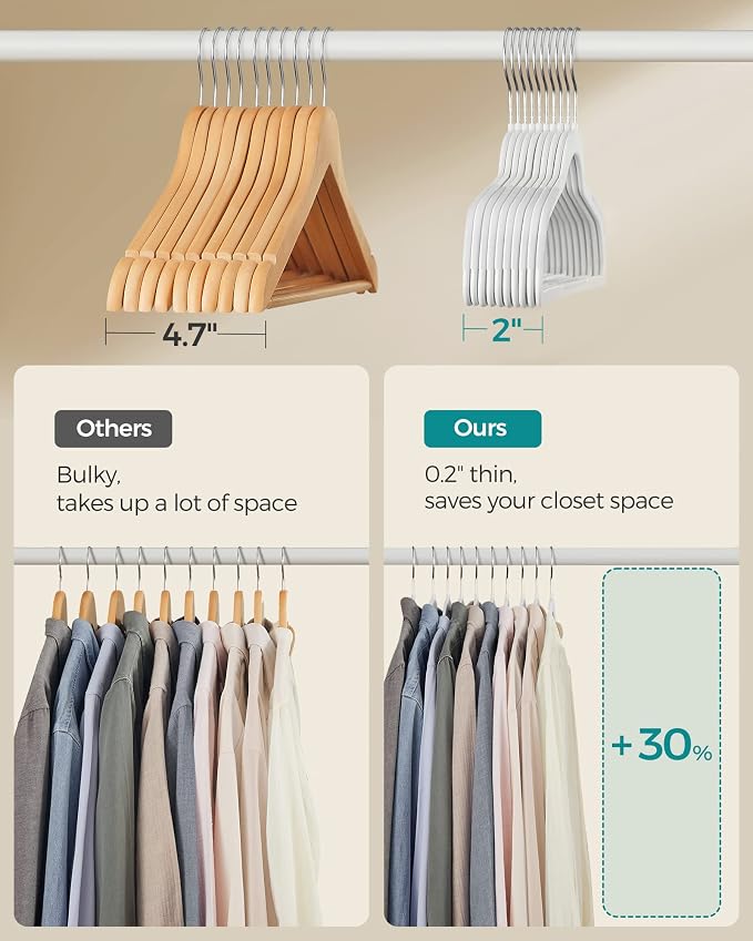 SONGMICS Plastic Clothes Hangers, Pack of 50, Non-Slip, Space-Saving | 0.2 Inches Thick, 17.7 Inches Wide, 360° Swivel Hook, Cloud White, BREANNA Collection UCRP050W05 - Image 6