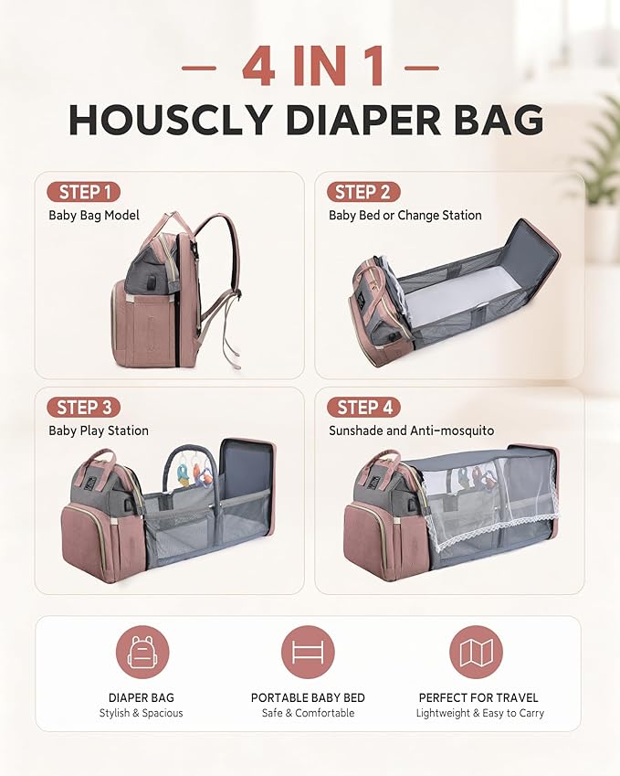 houscly Diaper Bag Backpack with Changing Station, 25L Large Capacity | Multifunction baby bag, baby registry search, baby girl newborn essentials must haves, baby shower gifts, Multicolor - Image 3