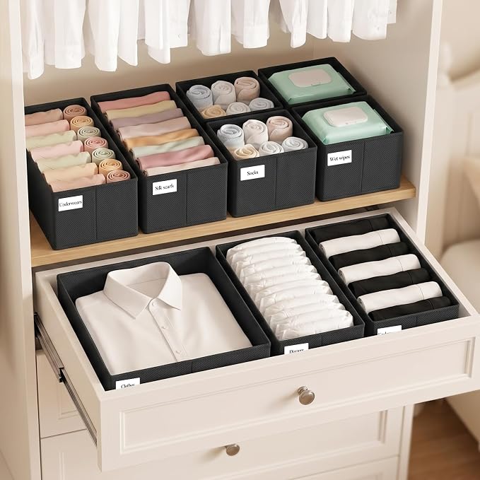 Drawer Organizer Clothes 21 Pack Washable Fabric Closet Storage Bins Flat Bottom Board Dresser Dividers for Bedroom Wardrobe Nursery Clothes Socks Underwear Bins, Black - Image 8