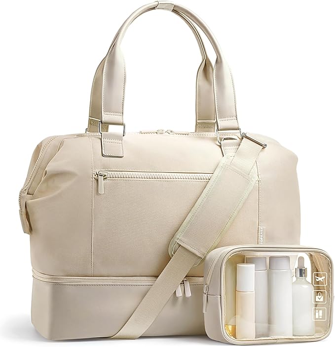 Travel Duffle Bag for Women, 40L Weekender Bags Airline Approved Carry On with Shoe Compartment & Waterproof Wet Pocket, Durable Nylon Weekender Overnight Bag for Travel, Gym, Business Trip, Beige by TOPEAST