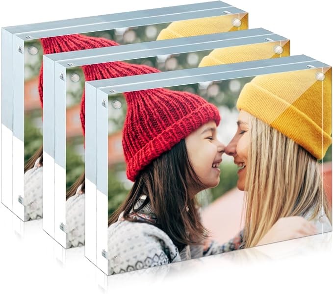 ILYXY 3 Pack Acrylic Frame 4x6, 20% Thicker, 20mm Thick Frameless Clear Picture Frame, Double Sided Magnetic Photo Frame, Free Standing Desktop Display Stand Acrylic Picture Frames by ILYXY