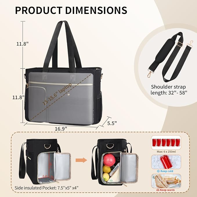 ESTARER Women Teacher Tote Bag 2Pcs, 15.6'' Laptop Work Bag Computer bag with Expandable File Folder, Large Water-Resistant Messenger Shoulder bag w/Insulated Pocket for Office/Travel/College, Black - Image 3