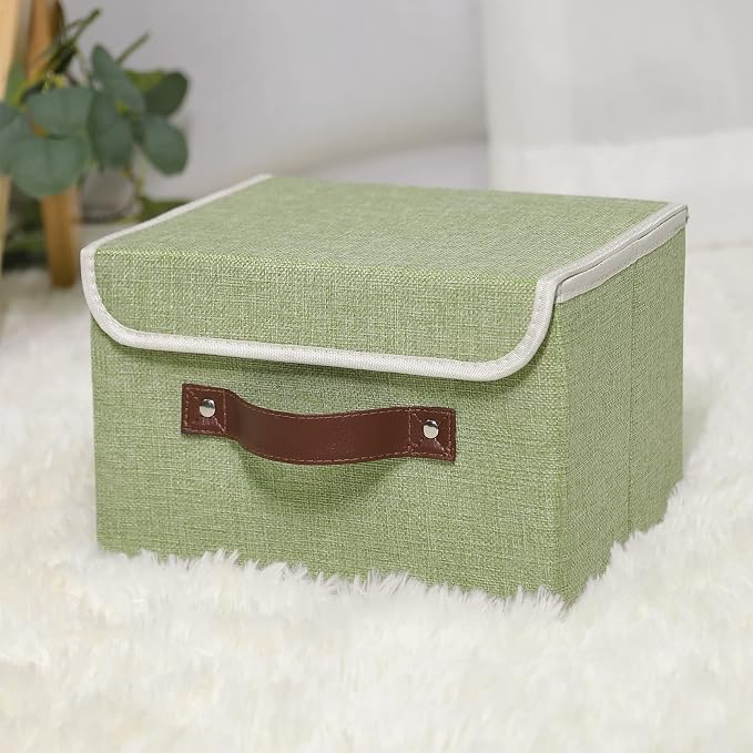 ANMINY Fabric Storage Box Bins with Lids, Green, 10"x8"x7" | Keepsake Memory Storage, Cotton Linen, PP Board Reinforced, Washable, PU Handles, Foldable & Stackable, Decorative, Small - Image 6