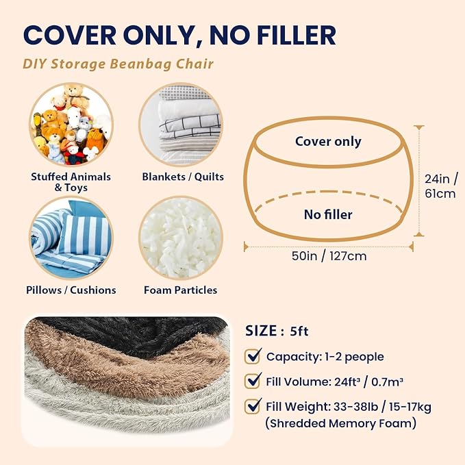 Bean Bag Cover (No Filler) - Faux Fur Beanbag Chairs Covers Only, Stuffed Animal Storage Bean Bag for Adults, Large Washable Beanbag Cover Without Filling, 5FT, Red - Image 7