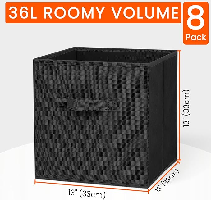 Large Storage Cubes - 13 Inch Heavy Duty Fabric Storage Bins for Shelves Closet, Cube Organizer - 8 Pack Collapsible Cube Storage Bins Baskets for Organizing Clothes Blankets Toys (Black) - Image 2