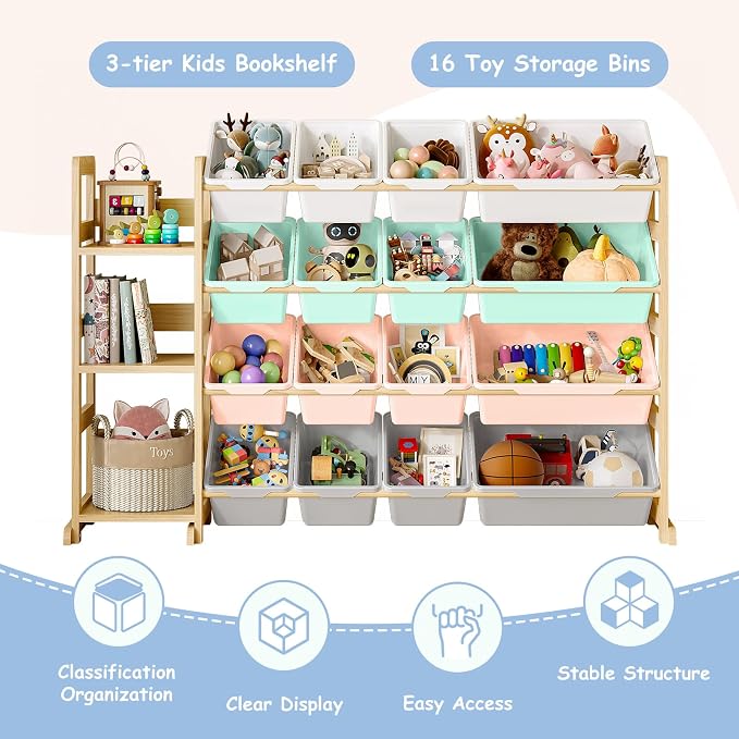 EXPERLAM Toy Storage Organizer, Toy Storage Shelf with 3 Shelves and 16 Storage Bins (12 Small + 4 Large), 3-in-1 Kids Bookshelf for Kids Rooms, Playroom, Nursery, Multi - Image 5