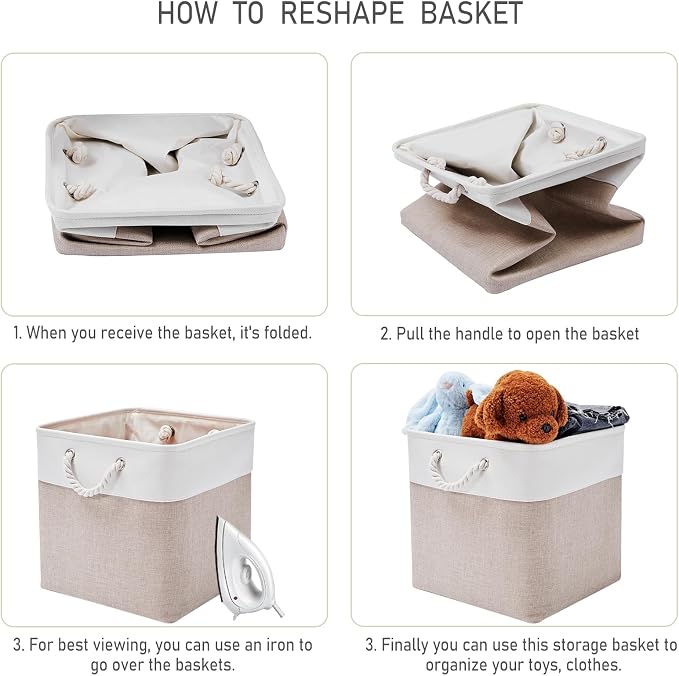 13 Inch 6 Pack Foldable Fabric Storage Cubes with Handles | Home Cube Storage Basket,Large Cube Storage Bins,Closet Storage, Home Organizer(White&Beige) - Image 5