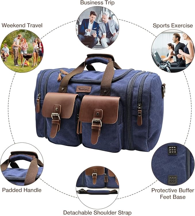 Wildroad Canvas Duffle Bag - 60L Expandable Weekender Overnight Travel Bag | Gifts for Men, Holiday Birthday Gift for Dad, Husband & Partner, Carry-on Size - Image 3