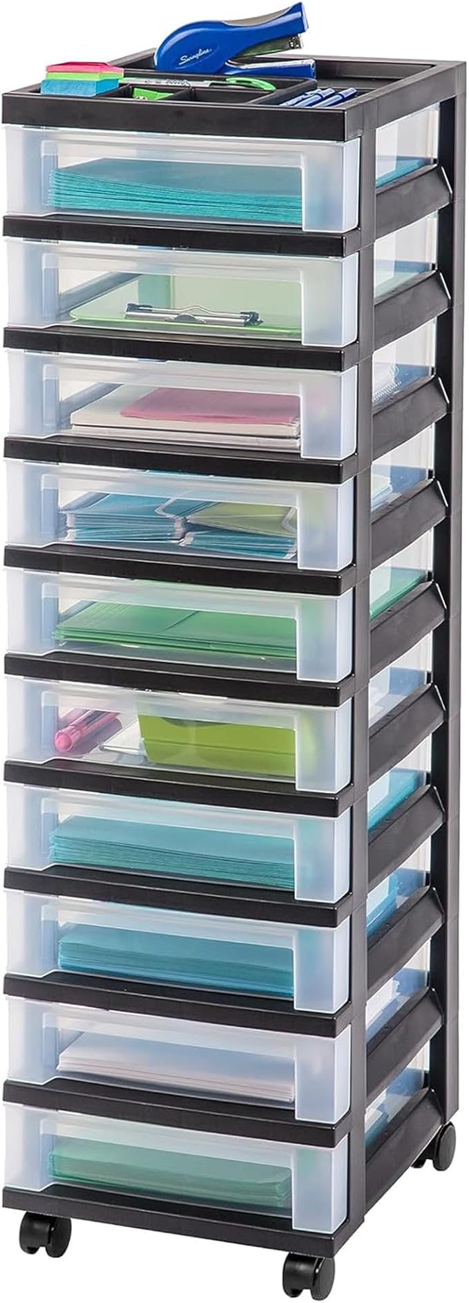 IRIS USA 2 Pack 10-Drawer Plastic Storage Rolling Organizer Cart with Caster Wheels for Laundry Room, Bathroom, or Closet Dresser Storage, Black/Clear - Image 4