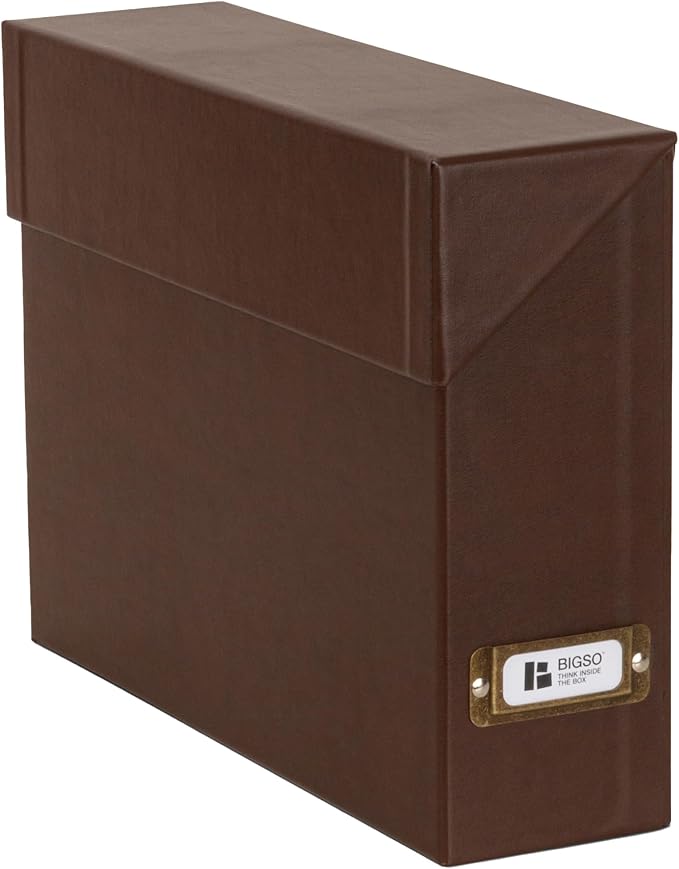 Bigso Lovisa Fiberboard Document Storage Box with 12 Folded Files for A4 and Letter Size Papers - Durable File Organizer Box with Lid and Label Holder - W3.7 x D13 x H9.4 (inches) - Recycled Leather by Bigso