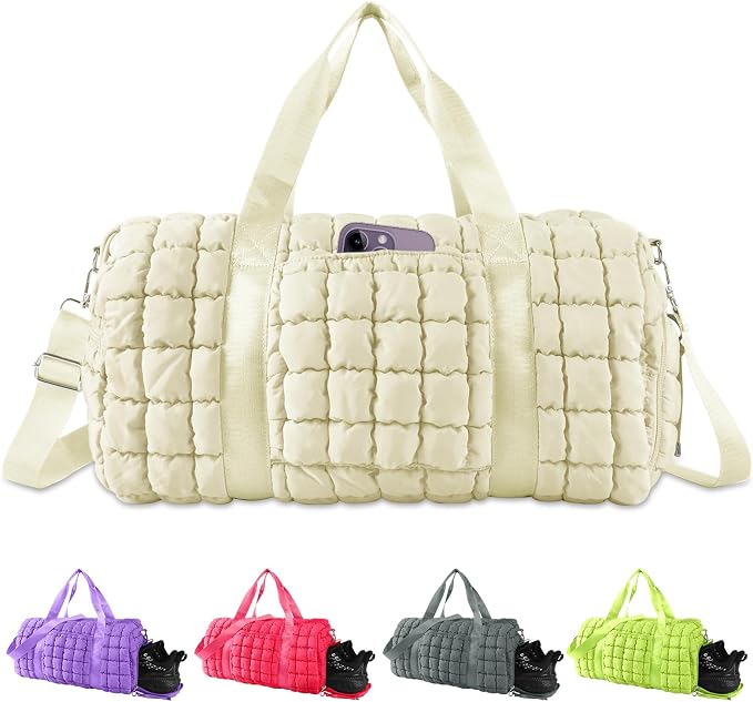 Quilted Travel Duffle Bag Gym Bag for Women,Large Puffer Duffle Weekender Bag with Compartment,Workout Overnight Carry on Organizer Bag Duffle Bag for Airplane Travel(Off-white) by XSUIOY