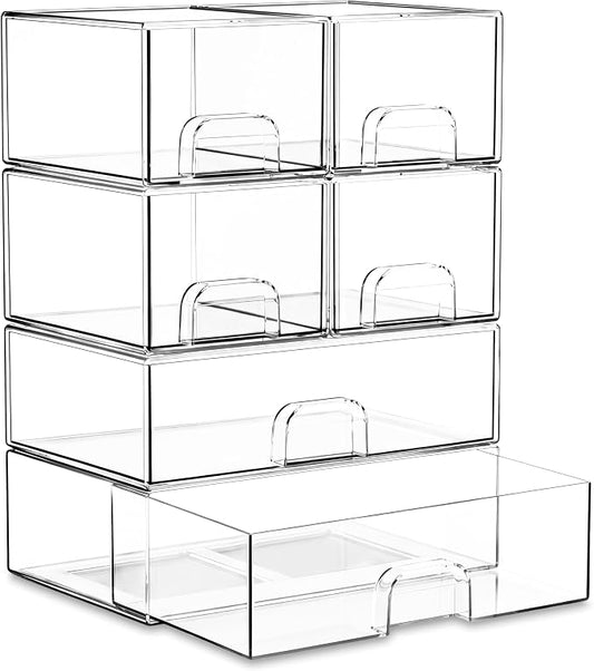 Stackable Storage Drawer Organizers Set of 6 for Bathroom Organizer Storage | Clear Plastic Organizer Bins for Baby Bottle, Kitchen Under Sink, Laundry, Pantry, Beauty, Cabinet, Medicine, Office Supplies by Unknown