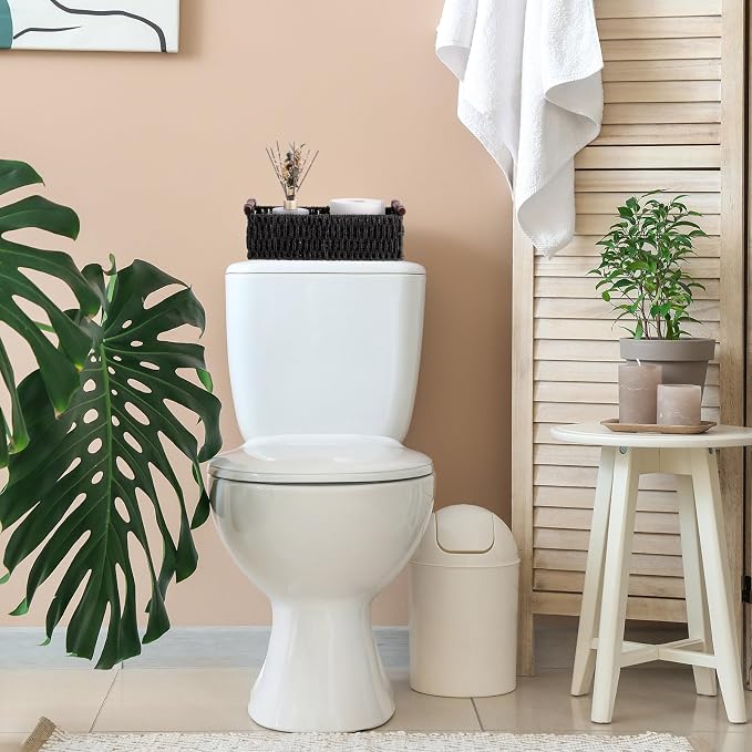 Boao 3 Pcs Boho Storage Wicker Baskets Handmade Woven Decorative Paper Rope Baskets for Organizing with Handle Countertop Toilet Paper Storage Container for Toilet Tank Top(Black,Rectangle) - Image 5