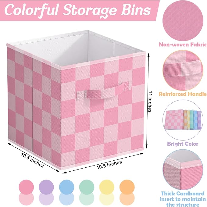 Potchen 6 Pcs Fabric Cube Storage 11'' Colorful Checked Bins,Bright Style | Collapsible Cubes with Handles for Closet Shelves Nursery, Classroom Decor, Plaid Organizer Baskets, Back to School Supplies - Image 3