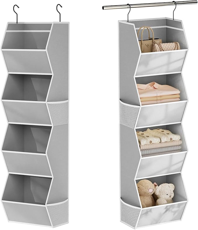 Hanging Closet Organizer 4 Shelf Collapsible Bedroom Closet Organizers and Storage Hanging with Mesh Pockets for Clothes, Fabric Hanging Storage Bins for Wardrobe Closet Organization and Storage, Grey by Wawocs
