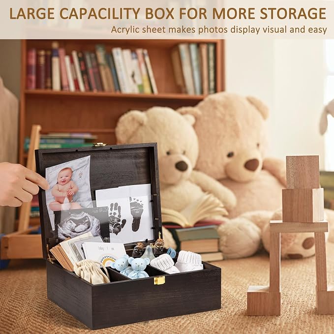 Baby Keepsake Box Wooden with 6 Additional Items | 7-in-one Baby Shower Gifts for Girls Boys New Mom, Newborn Essentials Must Haves Memory Box, Engraved with Guidelines, Large - Image 3