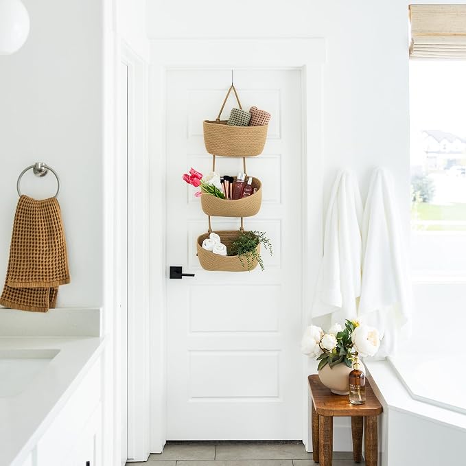 3-Tier Over the Door Hanging Basket (Set of 2) Adjustable, Detachable Woven Storage Baskets with Wall and Door Hooks - Decorative Boho Organizer for Nursery, Playroom, Bedroom, Kitchen, Apartment - Image 5