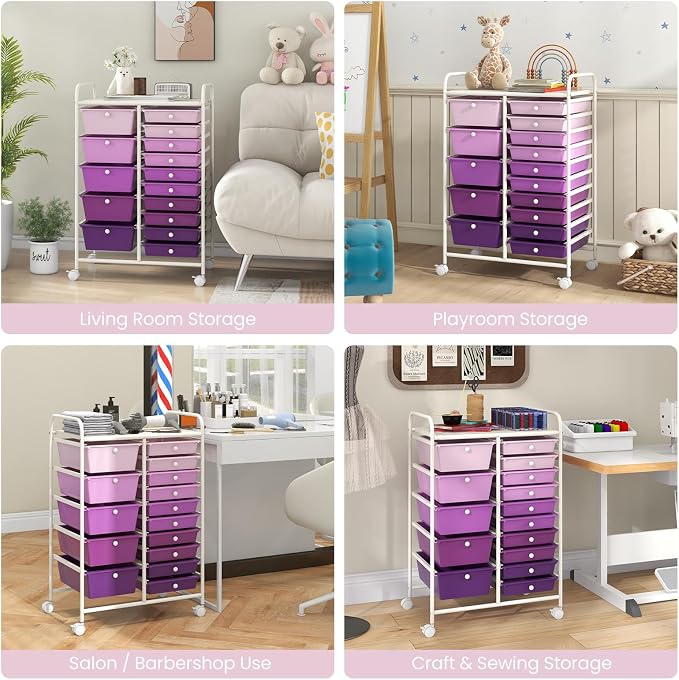 RELAX4LIFE 15 Drawer Rolling Storage Cart - Mobile Craft Art Supply Storage Organizer for Tool Scrapbook Paper Salon, Office School Classroom Teacher Rolling Cart with Drawers, Utility Cart on Wheels - Image 8