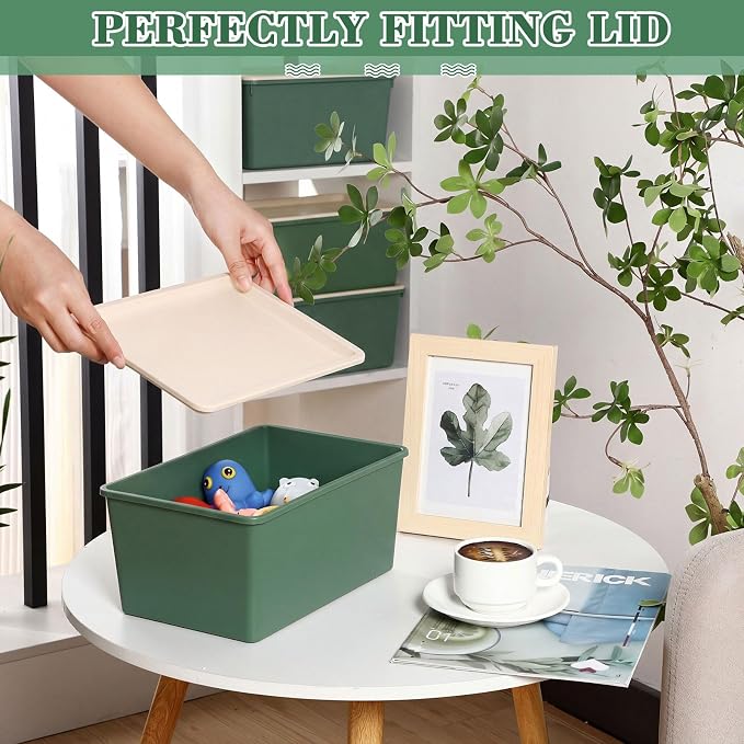 6 Pcs Large and Small Plastic Storage Bins with Lids 14.4 x 10.4 x 5.1 Inch Stackable Storage Containers Decorative Cubby Organizer for Clothes Shelves Garage Closet Office(Green) - Image 3