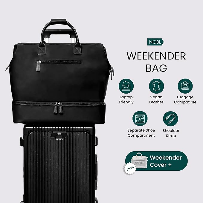 Nobl Travel Weekender Bag for Women & Men, Large Carry-On Duffel, Jet Black | Leather Overnight Tote with Trolley Sleeve, Separate Shoe Compartment & Laptop Pocket for Airplane, Gym & Road Trips - Image 5