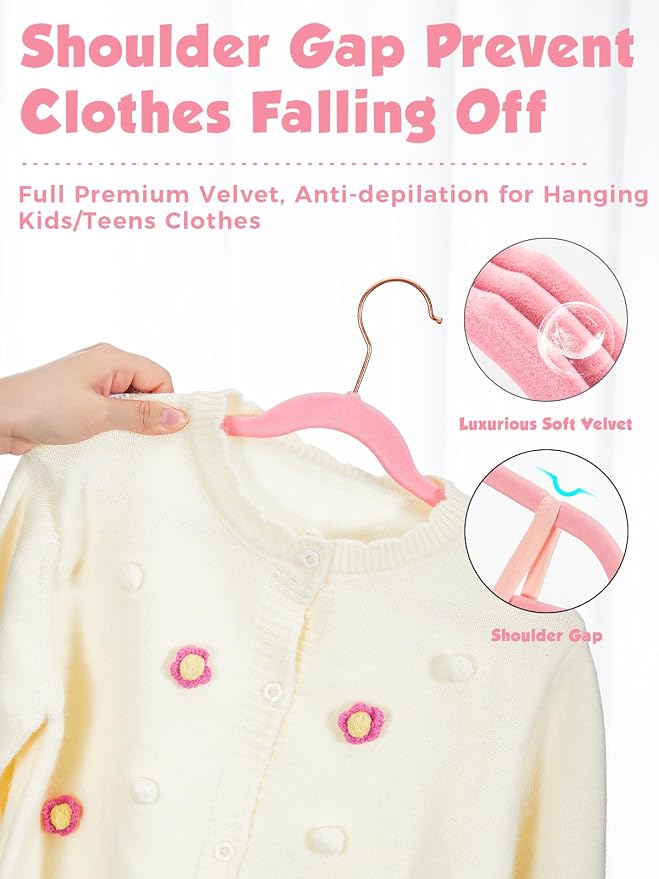 Kids Velvet Hangers 50 Pack, 14 Inch Premium Non Slip Kids Felt Hangers for Closet, Space Saving Toddler Clothes Hanger for Youth's Childrens' Clothes (Rose Gold Hook)- Pink | Premium Kids Hangers for Closet Storage, Space Saving Toddler Clothes Hanger... - Image 3