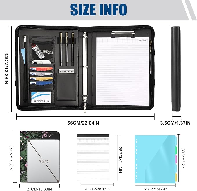 Portfolio Binder 3 Ring Includes Pen and 5 Dividers with 10 Pockets, Padfolio Organizer with Zipper for Men and Women, Includes A4 Notepad for Business, School, Work - Image 2