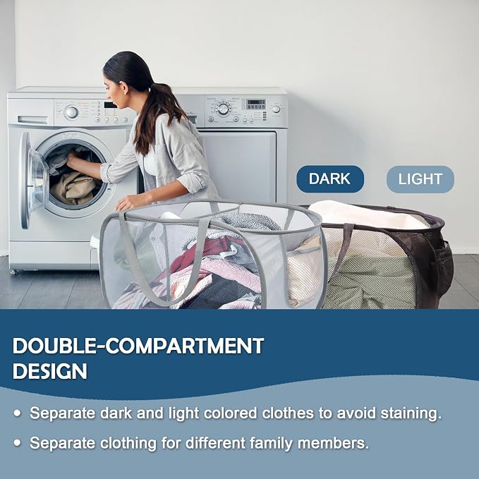 6 Pack Collapsible Laundry Baskets, 2 Compartment Pop Up Hamper, 6 Colors | Easy carry handles and foldable mesh design make these hampers suitable for dorms, laundry rooms, travel, and toy storage. - Image 4