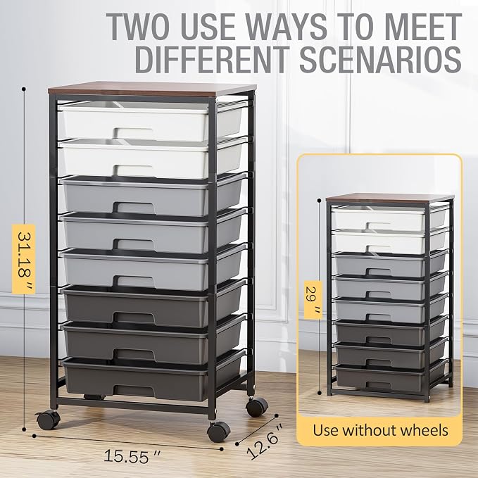 Rolling Storage Cart with 8 Drawers, Utility Cart on Wheels with Wooden Tabletop, Utility Cart for Teacher Storage, Office Organizer, Classroom Storage Cart, Craft Storage, Grey | Utility Cart on Wheels with Wooden Tabletop,Teacher Organization for Cla... - Image 3