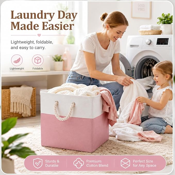 6 Pack 13x13 Inch Cube Storage Bins Fabric Square Cube Baskets, Light Pink | Light Pink Foldable Fabric Organizer with Handles, Home Closet Bin for Shelves, Durable Cube Baskets Bulk for Home Storage - Image 7