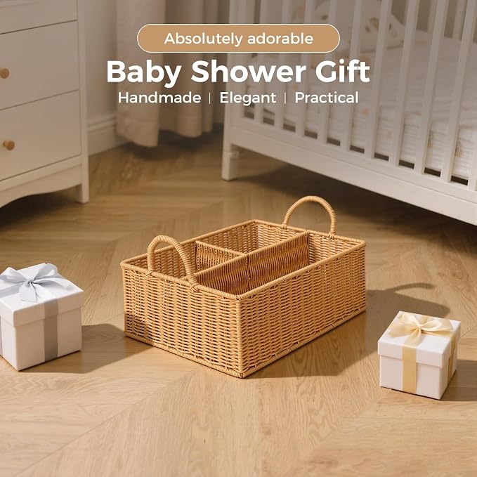 Rattan Diaper Caddy Organizer Changing Table Organizer | Hand Woven Nursery Basket for Baby Essentials, Baby Shower Gifts, Versatile Shelf Basket Bathroom/Kitchen Organizer - Image 7