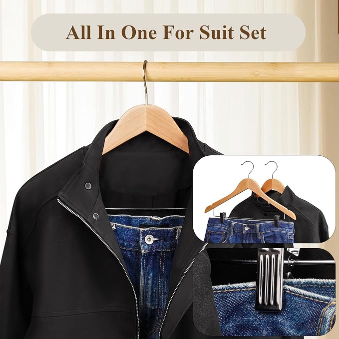 Wooden Hangers with Clips 24 Pack Wooden Pants Hangers,Skirt Hangers with Adjustable Clips,Hangers for Pants,Jeans,Slacks,Shorts（Natural） - Image 5