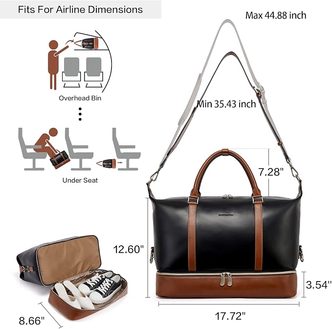 BOSTANTEN Weekender Bags for Women Leather Travel Duffle Bag | Shoe Compartment, Trolley Sleeve, Fits Under-seat, Airline-Friendly Carry-on Size, Weekend Getaways, Overnight, Road Trip - Image 2