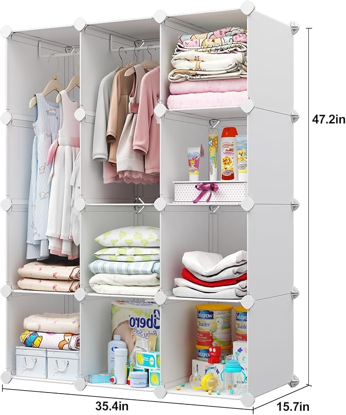VIPZONE Baby Closet,Dresser, Kids Closet Organizers, Portable Kids Wardrobe for Closet, Bedroom, Nursery, Cubby, Cabinet, Clothes, Dress, Baby Storage Shelf, Armoire Clothes Hanging (12 Cube, White) - Image 7