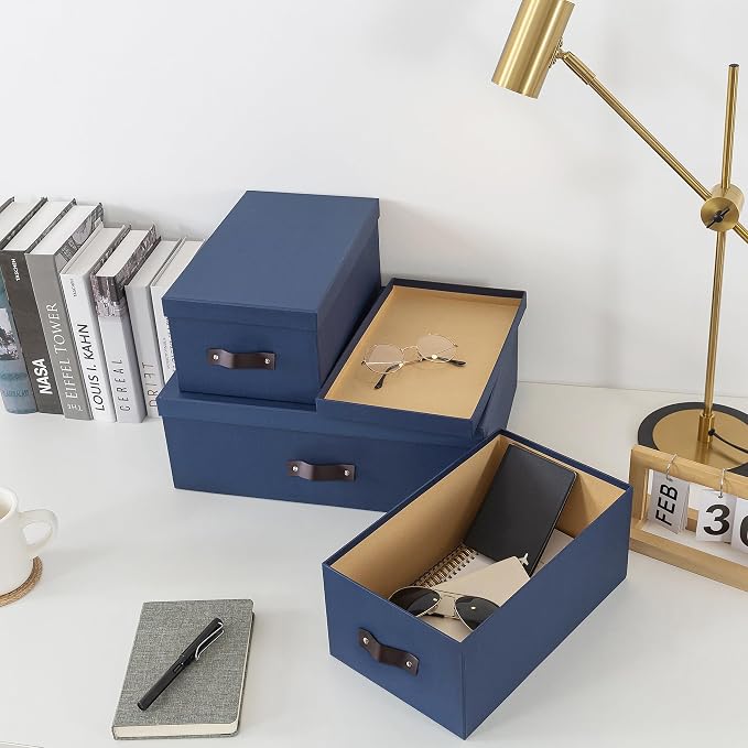 Soul & Lane - Decorative Storage Boxes with Handles, Set of 3, Navy | Sturdy Cardboard Photo Organizers with Lids for Office and Home, Blue Memory Storage Containers for Pictures and Papers - Image 4