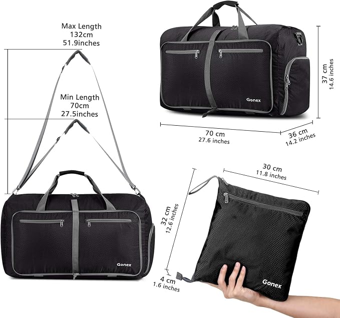 Gonex 80L Foldable Travel Duffle Bag with Shoe Compartment, Lightweight | 210D Nylon, Water-Repellent, Folds Compact, Multiple Pockets, Luggage Sleeve, Weekend Trips & Camping, Black - Image 3