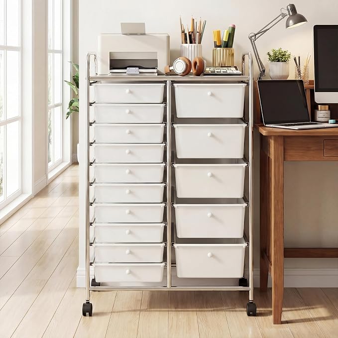 DREAMADE 15-Drawer Rolling Storage Cart, Mobile Craft Cart, White | Utility Organizer with Lockable Wheels, Removable Plastic Drawers and Metal Frame for Home Office, Classroom and Studio - Image 2