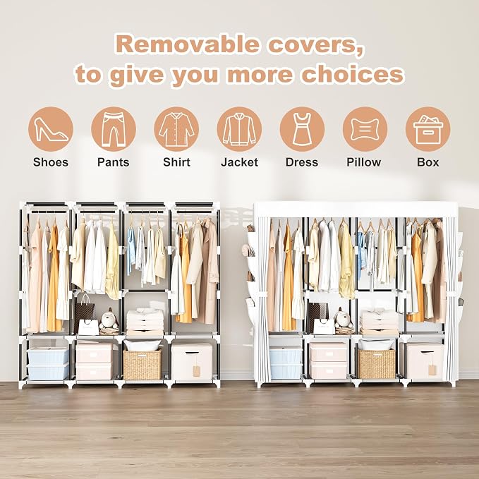 Portable Closet for Hanging Clothes, 67 Inch Wide Portable Wardrobe Closet with Cover, 4 Hanging Rod, Storage Shelves and Side Pockets, Large Free Standing Closet for Bedroom, White - Image 5