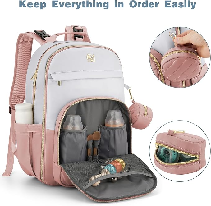 Diaper Bag Backpack, Quilted Baby Bag with Changing Pad & Stroller Straps & Pacifier Case, Large Travel Diaper Bags for Mom Dad, Pink Grey - Image 3