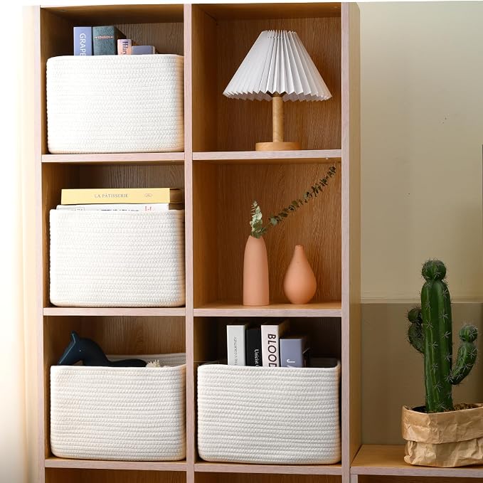 White Storage Baskets for Organizing, Woven Storage Baskets for Shelves, Cotton Rope Basket for Storage, Cute Rectangular Book Toy Basket, 12.7"×9.1"×7.9", 4 Packs, Off White - Image 6