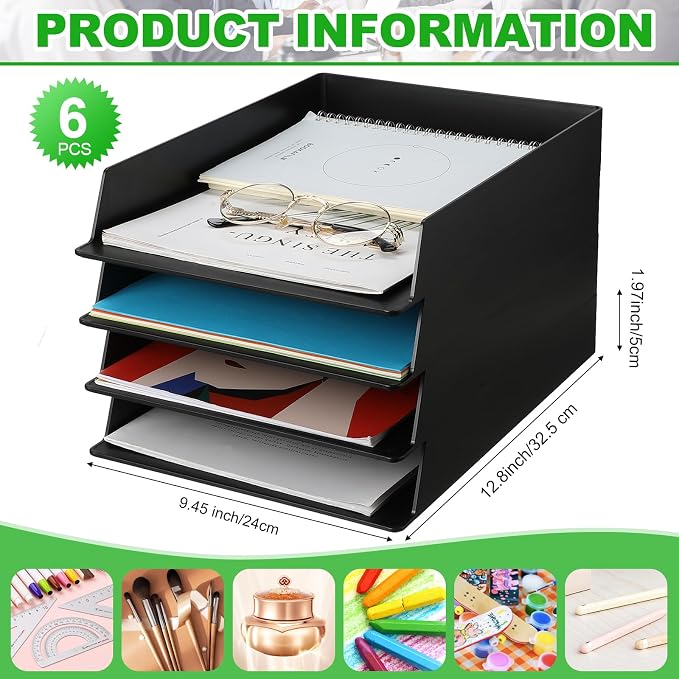 6 Pcs Stackable Paper Trays Rectangular Plastic Desk Holder Desktop Document File Organizer Storage Letter for Office Classroom (Black) - Image 2
