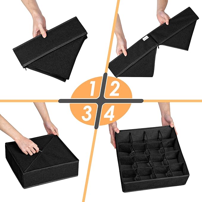 3 Pack Sock Underwear Organizer Dividers, 64 Cell Fabric Foldable Cabinet Closet Organizers and Storage Boxes for Storing Socks, Underwear, Ties (16+24+24 Cell, Black) - Image 6
