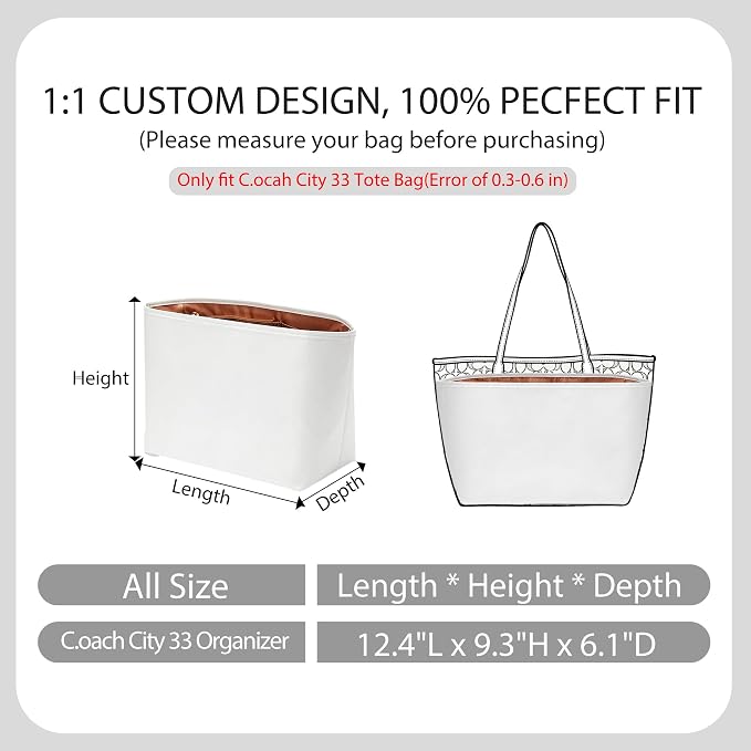 Laptop Sleeves Purse Organizer Insert for Coach City Tote 33, Lightweight Dupont Paper Tote Bag Organizer Storage Dividers with Cup Holder, 7 Pockets Bag Insert with Zipper,White-Brown - Image 2