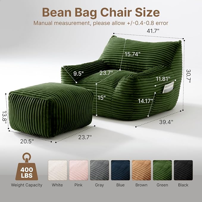 Oversized Bean Bag Chair with Ottoman, Bean Bag Couch with 2 Side Pockets, Corduroy Boneless Couch Chair in a Box, Comfy Lounge Chair for Living Room, Bedroom, Dorm, Green - Image 2