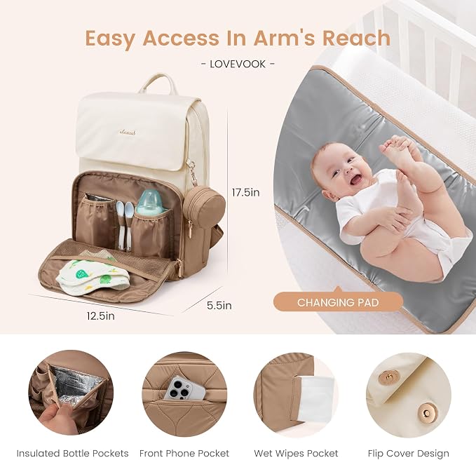 LOVEVOOK Diaper Bag Backpack, Baby Travel Bags for Boys & Girl, Toddler Waterproof Diaper Bag w/Changing Pad (Beige khaki, 17.3''-Large) - Image 7