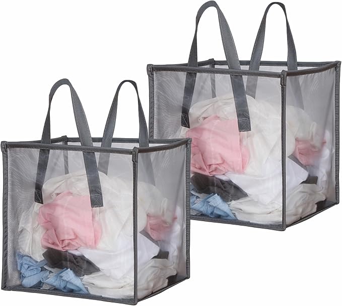 2 Pack Mesh Pop Up Laundry Basket with Handles 32L Portable and Collapsible Laundry Hamper Foldable Storage Organizer for Laundry Room Clothes Toys by BOSNONA